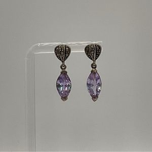 Victorian Style Marquise Cut Purple Cubic Zirconia Marcasite Earrings, .925